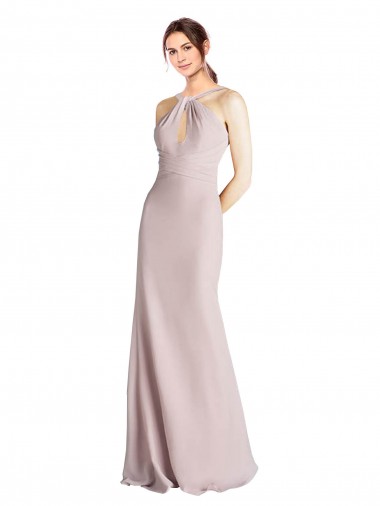 Long Slim Chiffon Bridesmaid Dress with Ruffled Waist and Keyhole UK