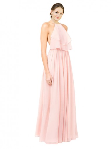 Halter Neck Chiffon Bridesmaid Dress with Double Ruffle Front UK