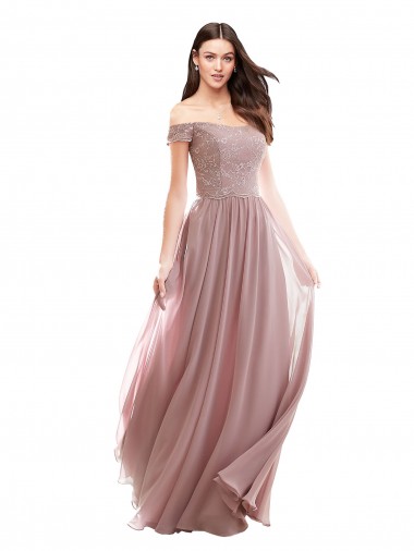 Floor Length Chantilly Lace Off the Shoulder Chiffon Bridesmaid Dress UK