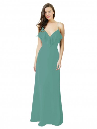 Full Length Chiffon Bridesmaid Dress with Ruffled V-Neckline UK