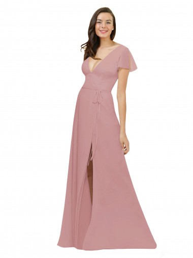 Flutter Sleeves Short Chiffon Bridesmaid Dress with Tie Belt UK