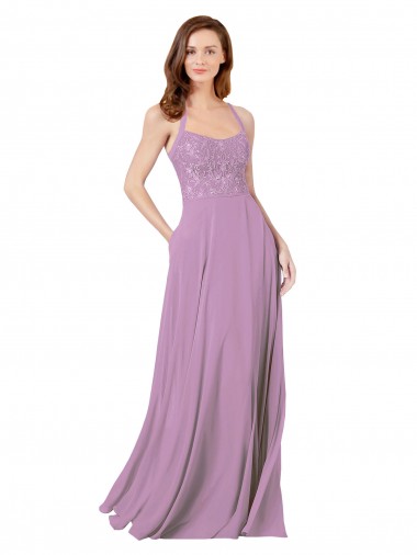 Floral Detailed Chiffon Bridesmaid Dress with Keyhole Back UK