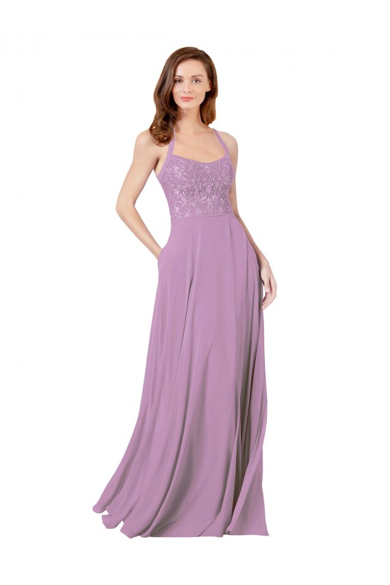 Floral Detailed Chiffon Bridesmaid Dress with Keyhole Back UK