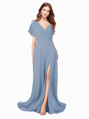 Chiffon Bridesmaid Dress with Flutter Sleeves and Front Slit UK