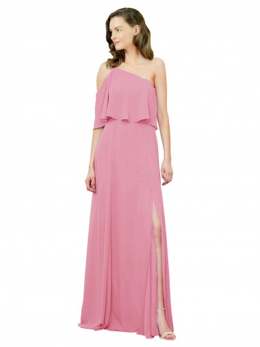 Sleeved One Shoulder Chiffon Bridesmaids Dress with Draped Ruffle Overlay UK