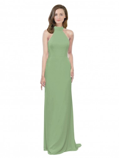 High Collar Halter Neck Chiffon Bridesmaid Dress with Long Back Tie UK