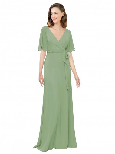 Chiffon V-Neckline Wrap Bridesmaids Dress With Double Flutter Sleeve UK