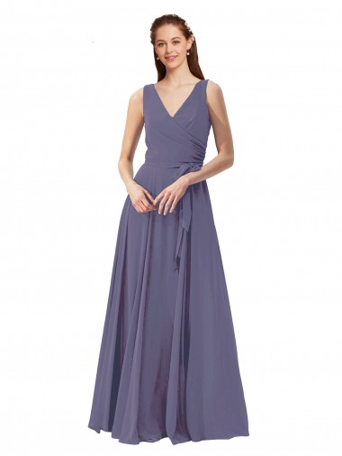 V-Neck Long Draped A-Line Chiffon Bridesmaid Dress UK