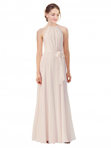 Tie Neck Long Chiffon A-Line Bridesmaid Dress with Sheer Back UK