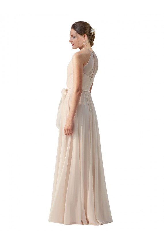 Tie Neck Long Chiffon A-Line Bridesmaid Dress with Sheer Back UK