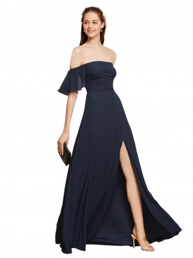 Off the Shoulder Floaty Sleeves Chiffon Bridesmaid Dress with High Slit UK