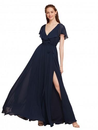 Long V-Neck Chiffon Bridesmaid Dress with Slit and V-Back UK