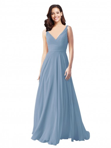 Long Chiffon V-Neck and Self Sash Bridesmaid Dress with Shirred Criss Cross Bodice UK