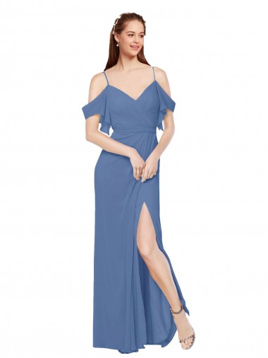 Mock-Wrap Off the Shoulder Long Chiffon Bridesmaid Dress with Side Slit UK