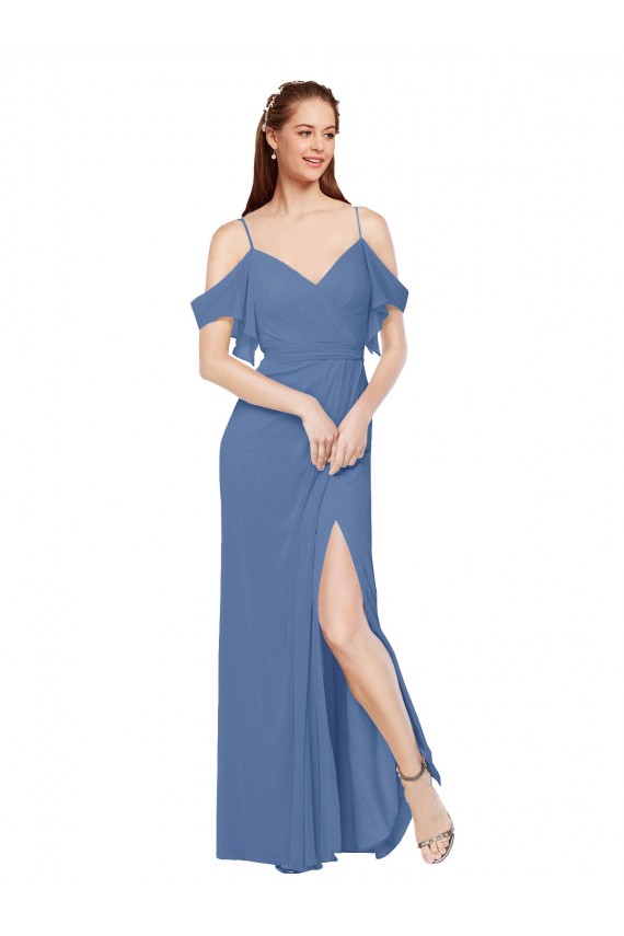 Mock-Wrap Off the Shoulder Long Chiffon Bridesmaid Dress with Side Slit UK