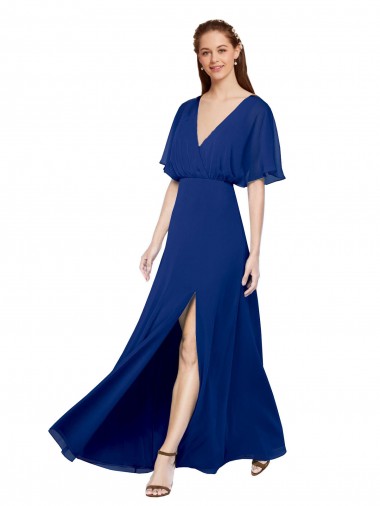 V-Neck Long Chiffon Bridesmaid Dress with Dolman Sleeved Bodice and Slit UK