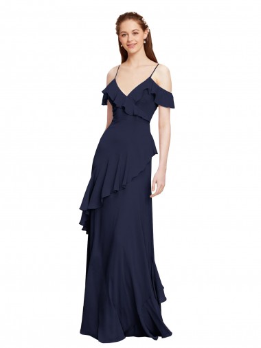 Cascading Ruffles Long Chiffon Bridesmaid Dress with Cold Shoulder UK