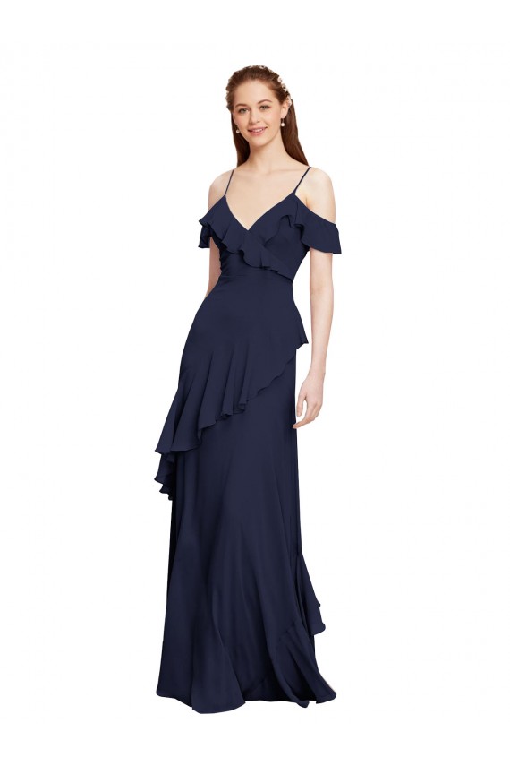 Cascading Ruffles Long Chiffon Bridesmaid Dress with Cold Shoulder UK