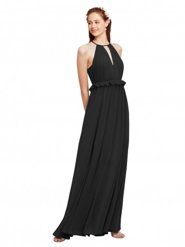 Halter Neck Front Keyhole Chiffon Bridesmaid Dress with Shirred Waist UK