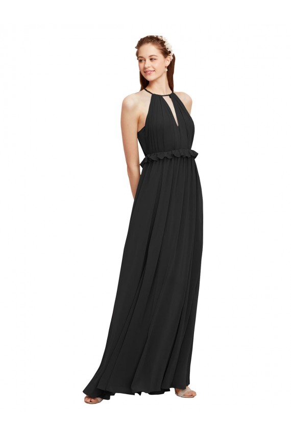 Halter Neck Front Keyhole Chiffon Bridesmaid Dress with Shirred Waist UK