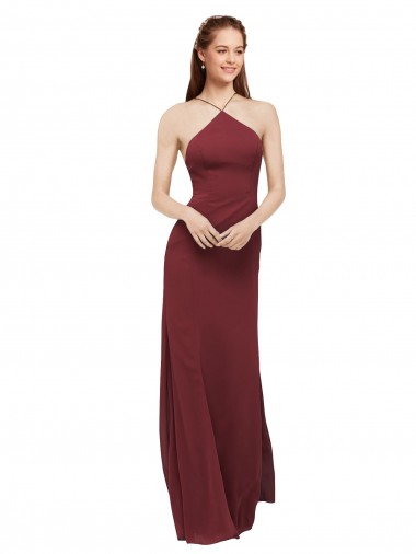 High Halter Neck Long Chiffon Bridesmaid Dress with Low Scoop Back UK