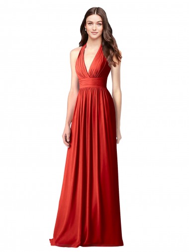 Halter V-Neck A-Line Chiffon Bridesmaid Dress with Shirred Skirt UK