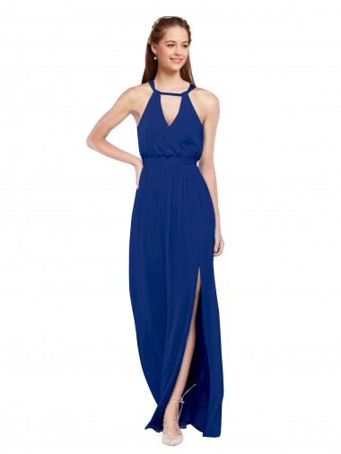 High Keyhole Neck Long Chiffon Bridesmaid Dress with Slit UK