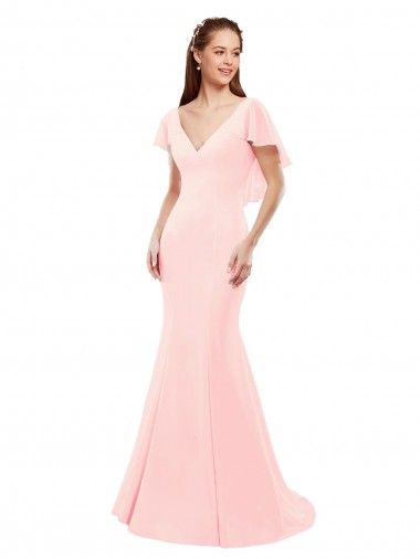 Fit and Flare Chiffon Bridesmaid Dress with V-Neck and Flutter Sleeves UK