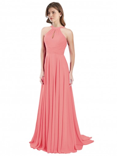 Draped A-Line Chiffon Bridesmaid Dress with Halter Keyhole Neckline UK