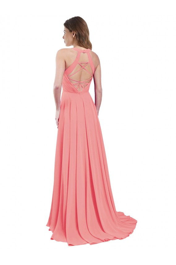 Draped A-Line Chiffon Bridesmaid Dress with Halter Keyhole Neckline UK