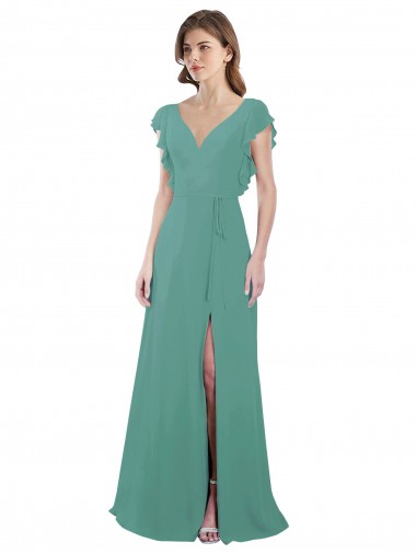 Full Length Chiffon Bridesmaid Dress with Ruffled Cap Sleeves and Side Slit UK