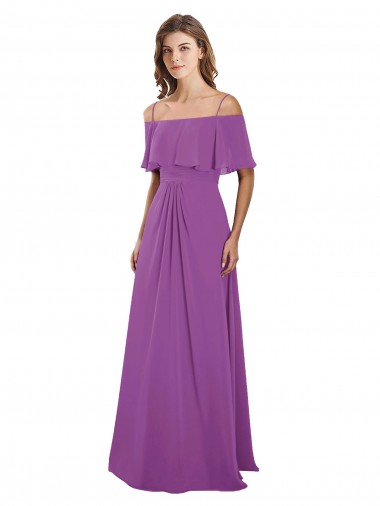 Draped Off The Shoulder Chiffon Bridesmaid Dress with Spaghetti Straps and Ruffled Neckline UK