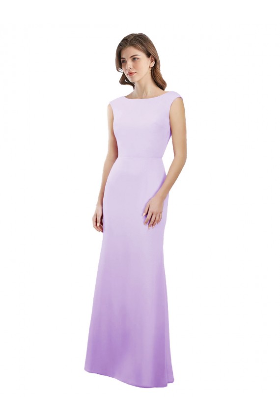 Chiffon Column Bridesmaid Dress with High Round Neckline and Cap Sleeves UK