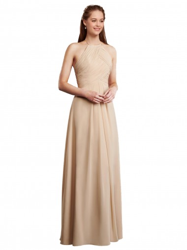 Draped Halter Neck Long Chiffon Bridesmaid Dress with Tie Back UK