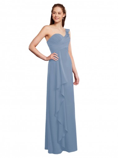 Single Shoulder Strap Long Chiffon Bridesmaid Dress with Cascading Ruffles UK