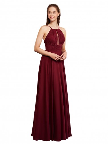 Long A-Line Halter Neck Chiffon Bridesmaid Dress with Draped Bodice UK