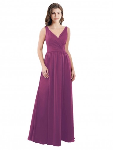 Long Chiffon A-Line Bridesmaid Dress with V-Neck Wrap Bodice UK