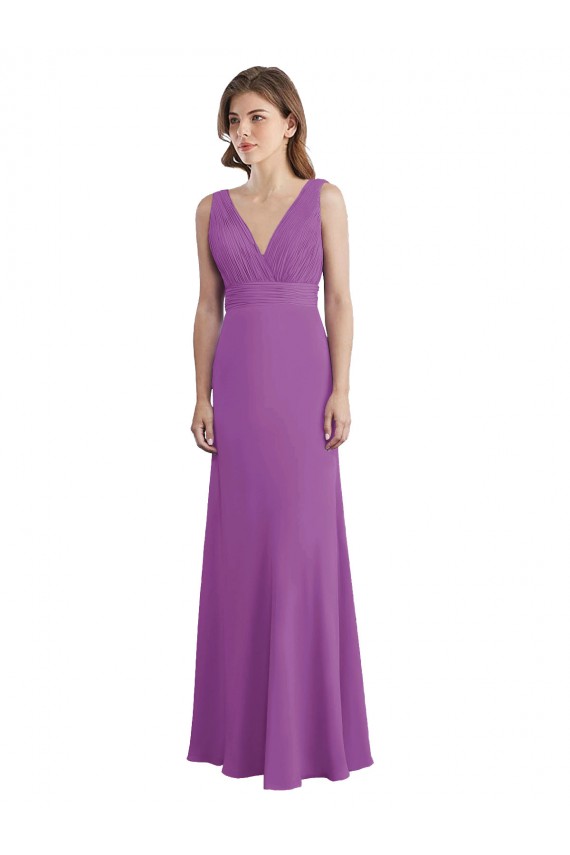 V-Shaped Neckline Long Chiffon Bridesmaid Dress with Cascading Ruffles Back UK