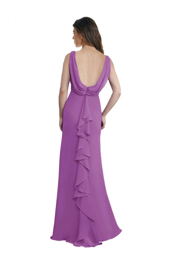 V-Shaped Neckline Long Chiffon Bridesmaid Dress with Cascading Ruffles Back UK