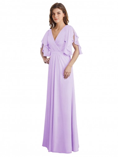 A-Line Draped Chiffon Bridesmaid Dress with V-Neck and Split Sleeves UK