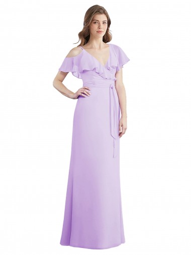 Ruffled Neckline Cold Shoulder Long Chiffon Bridesmaid Dress UK