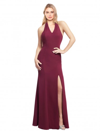 Chiffon Mermaid Bridesmaid Dress with Back Tie Halter Straps and Side Slit UK