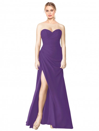 Strapless Chiffon Bridesmaid Dress with Pleated Wrap Bodice and Side Slit UK