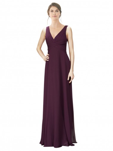 Long Chiffon Bridesmaid Dress with Ruched Criss Cross V-Neck Bodice UK