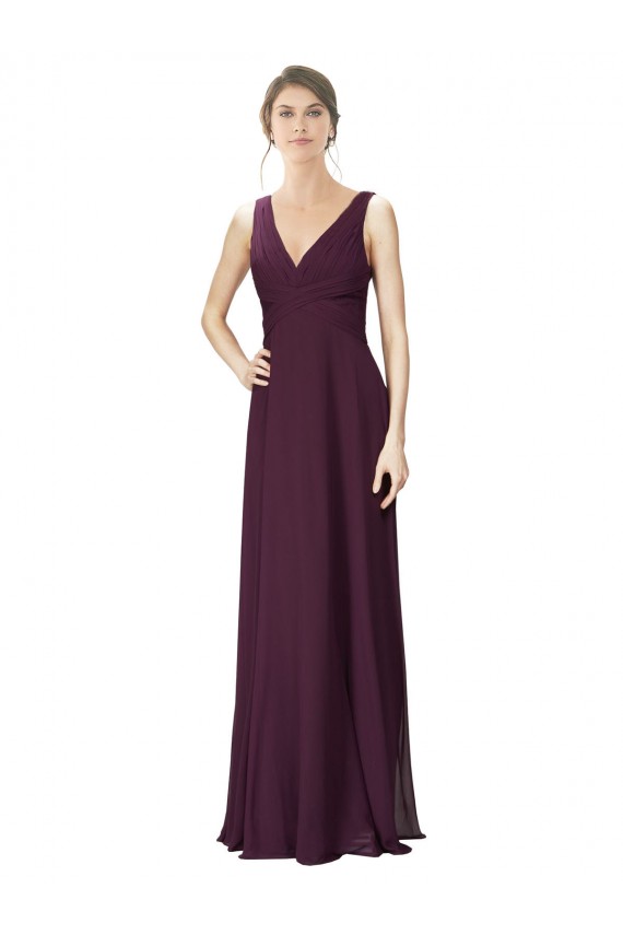 Long Chiffon Bridesmaid Dress with Ruched Criss Cross V-Neck Bodice UK