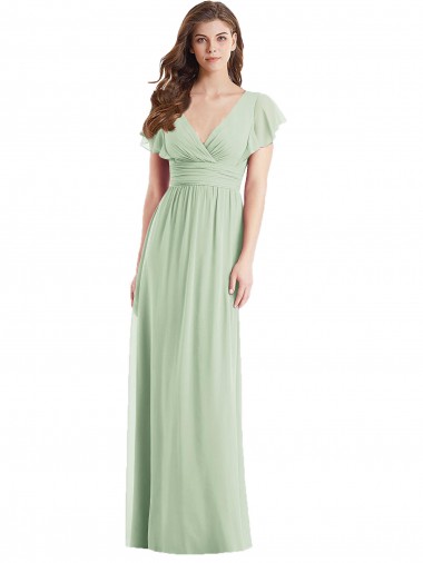 Flutter Sleeves Draped Wrap V-Neck Chiffon Bridesmaid Dress UK