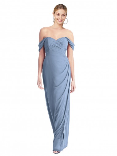 Full Length Draped Off the Shoulder Maxi Bridesmaid Dress with Shirred Streamer UK