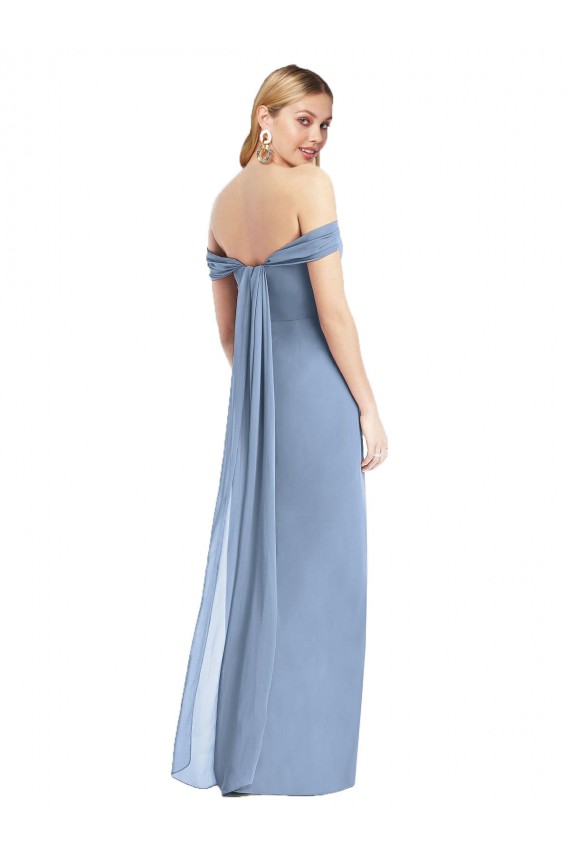 Full Length Draped Off the Shoulder Maxi Bridesmaid Dress with Shirred Streamer UK