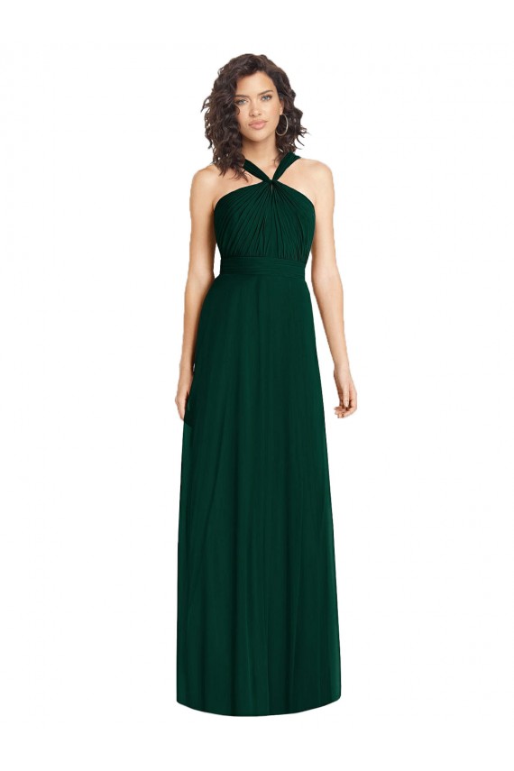 Draped Halter Neck Long Chiffon Bridesmaid Dress with Low Back UK