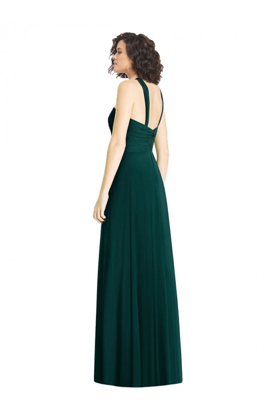 Draped Halter Neck Long Chiffon Bridesmaid Dress with Low Back UK